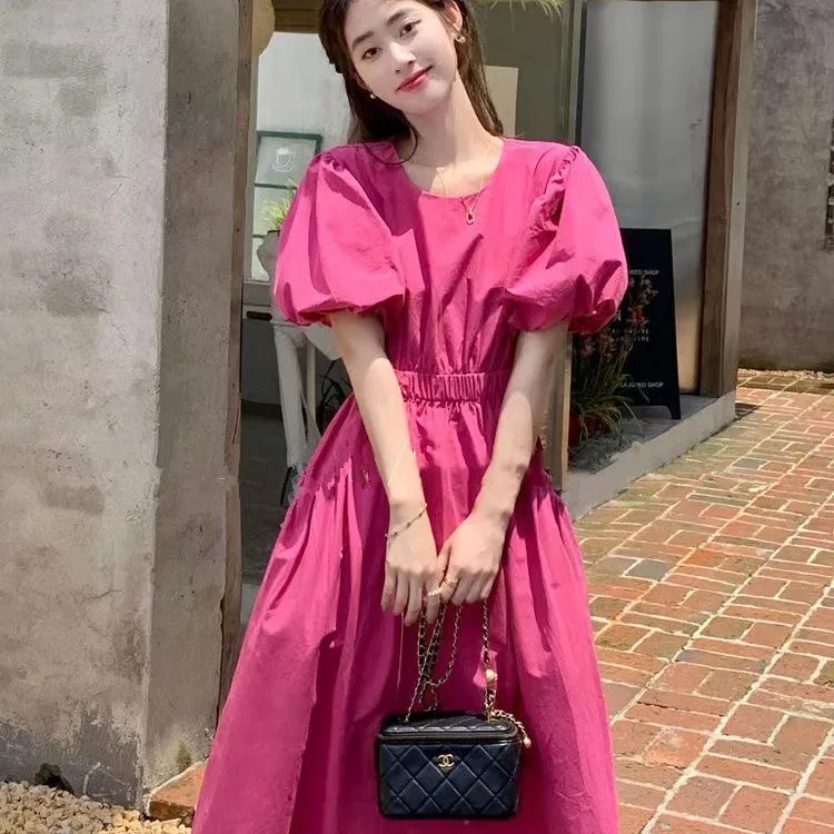 

Long Skirt for Women Summer Solid Color Round Neck Temperament Slim Puff Sleeves Short Sleeves Versatile Elegant Dress