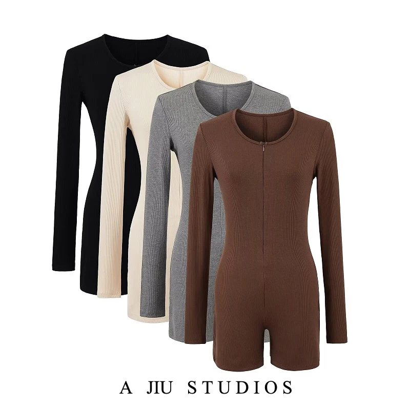

High-Waisted Jumpsuit ort Pants Tight-Fit round Ne Long Sve T-irt Yoga Clothes ow Figure Wind Zipper Design Spicy ...
