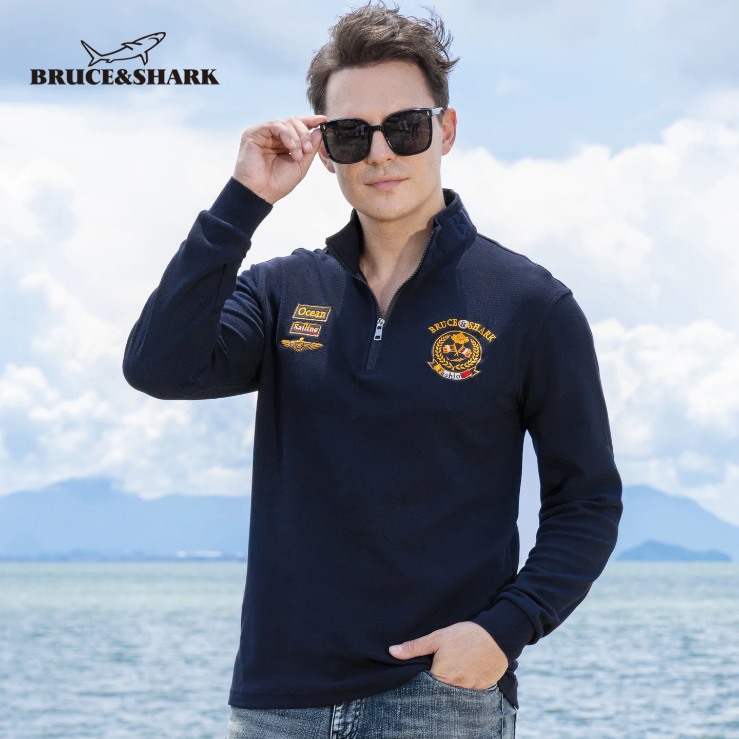 

Bruce & Shhark новые мужские поло из 100% хлопка с длинными рукавами, повседневные деловые поло с воротником-стойкой на молнии для мужчин, большой размер 4XL