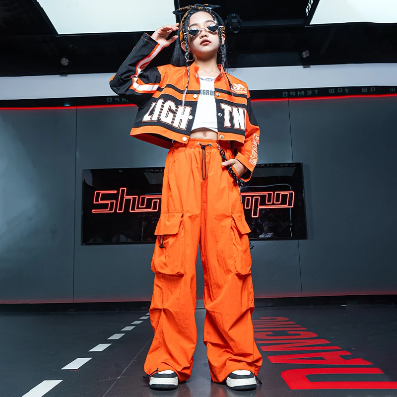 Kids Hip Hop Kpop Clothing Racing Shirt Crop Top Orange Casual Street Jogger Cargo Pants for Girl Boy Jazz Dance Costume Clothes