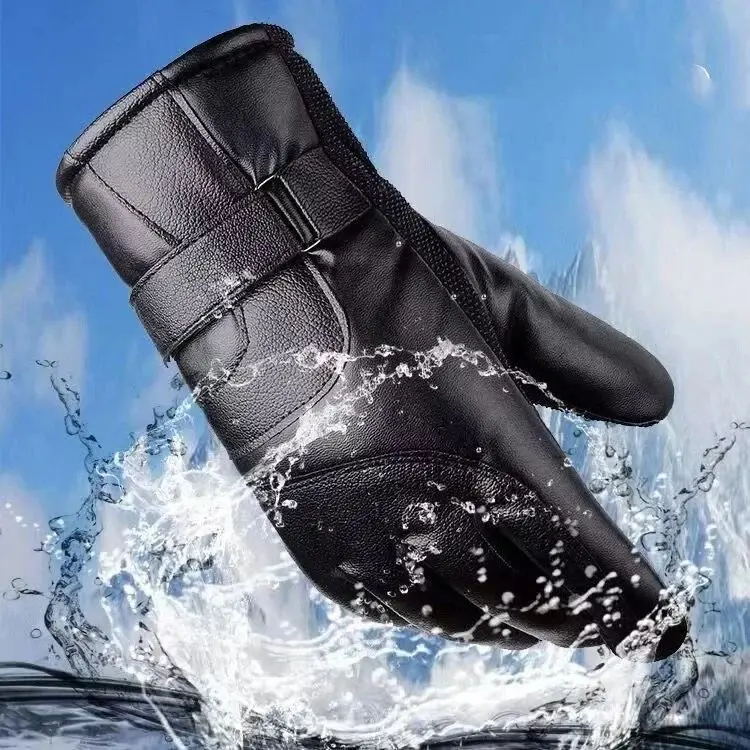 メンズ冬用レザーグローブ厚く暖かい防風サイクリングパイル2点セットファッショナブルで実用的なハンドウェア