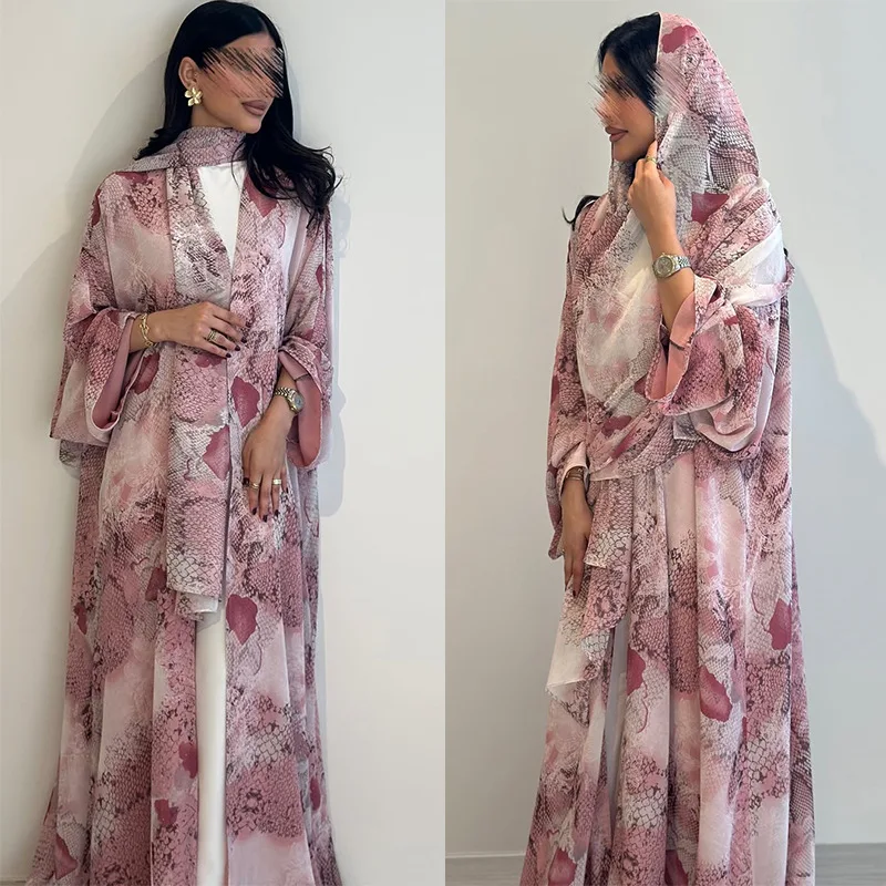 Eid Ramadan Muslim Women Dresses Abaya with Scarf Print Party Long Dress Cardigan Morocco Kaftan Vestidos Dubai Robe Jalabiya