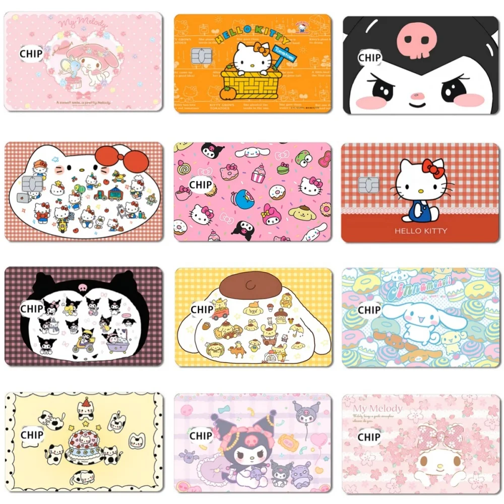 5/10 pçs sanrio cartão aleatório adesivo anime olá kitty cartão de crédito cartão de banco fosco antiderrapante película protetora pele pequeno chip