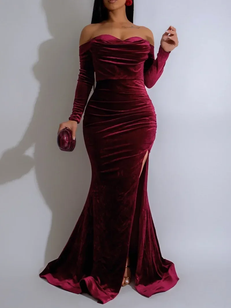

GUWU Velvet Slash Neck Full Sleeve Ruched Mermaid Maxi Dress Women Evening Birthday Sexy Night Party Long Dresses