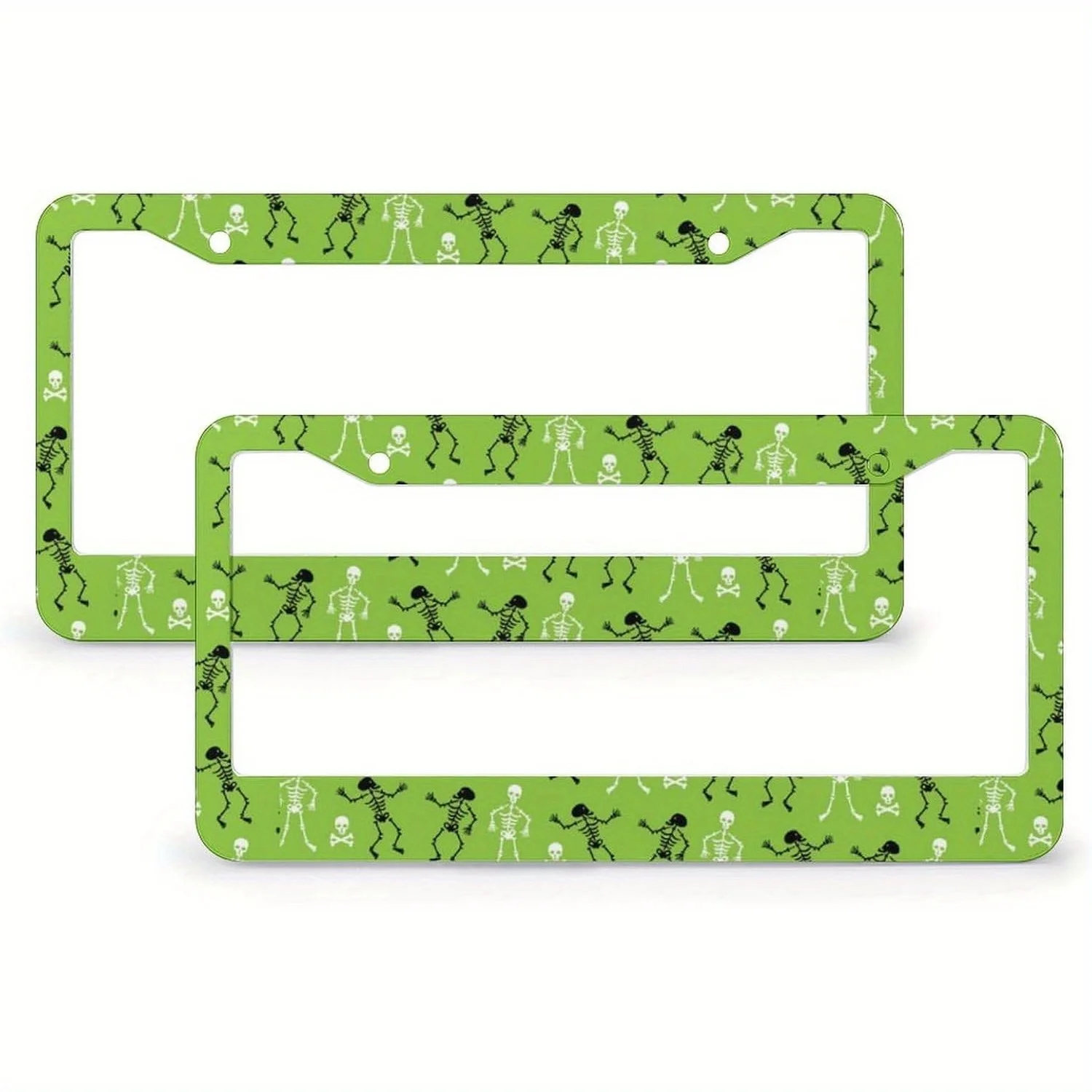 2D Flat 2 Halloween License Plate Frames Funny Dancing Skeletons And Pumpkin Bat Design Rust-Proof Aluminum Green Car