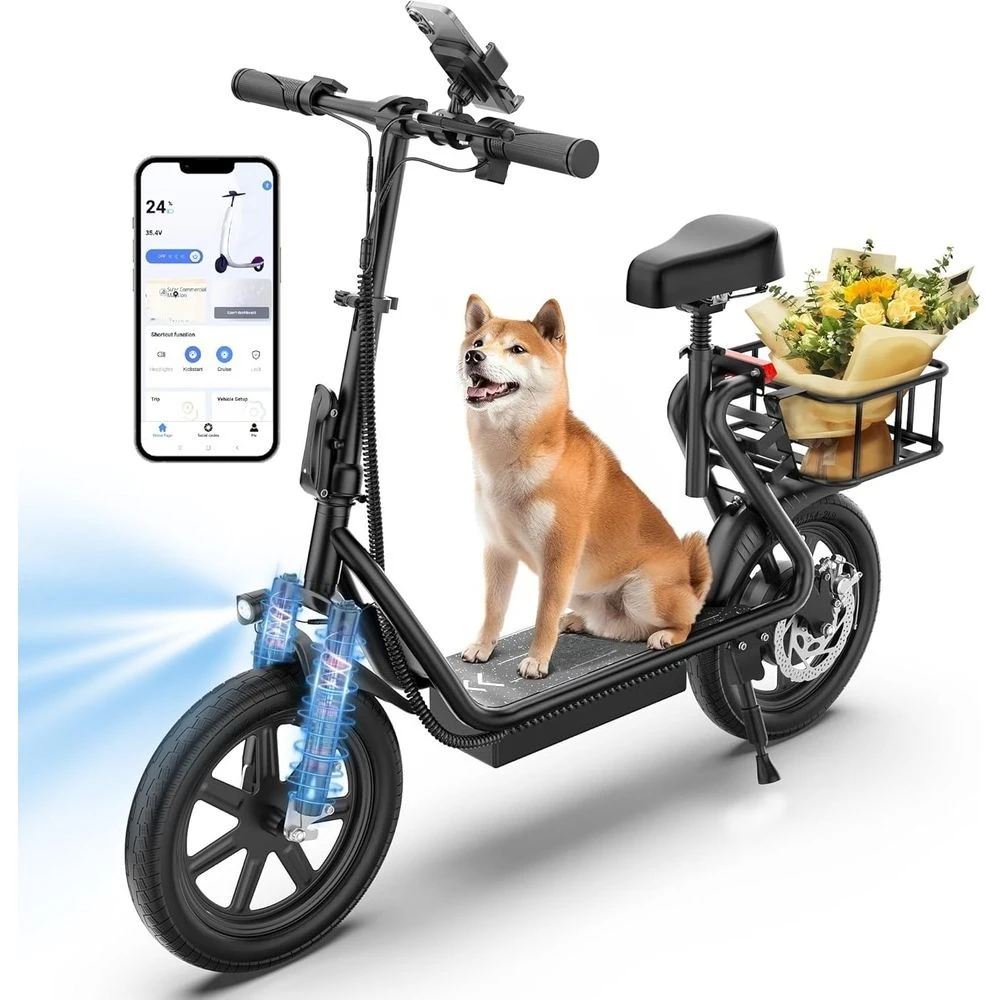 

Electric Scooter with Seat & Suspension - 500W/750W Motor 27/49 Miles 19/22MPH 14"Tires Foldable Adult Commuter,Customized