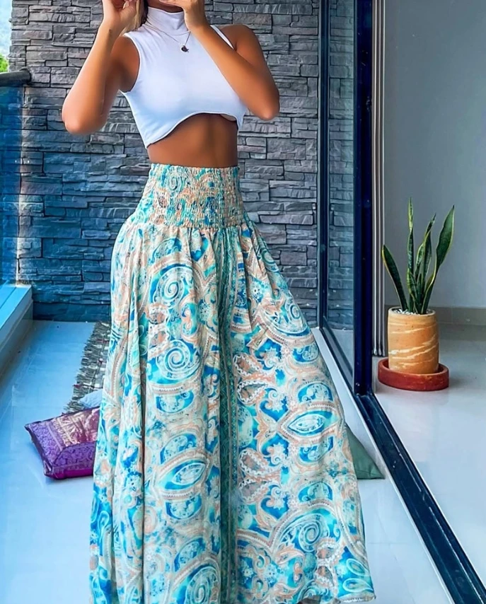 Women's Casual Paisley Print Shirred High Waist Wide Leg Pants Beach Style New Fashion Female Daily Vacation Long Pants