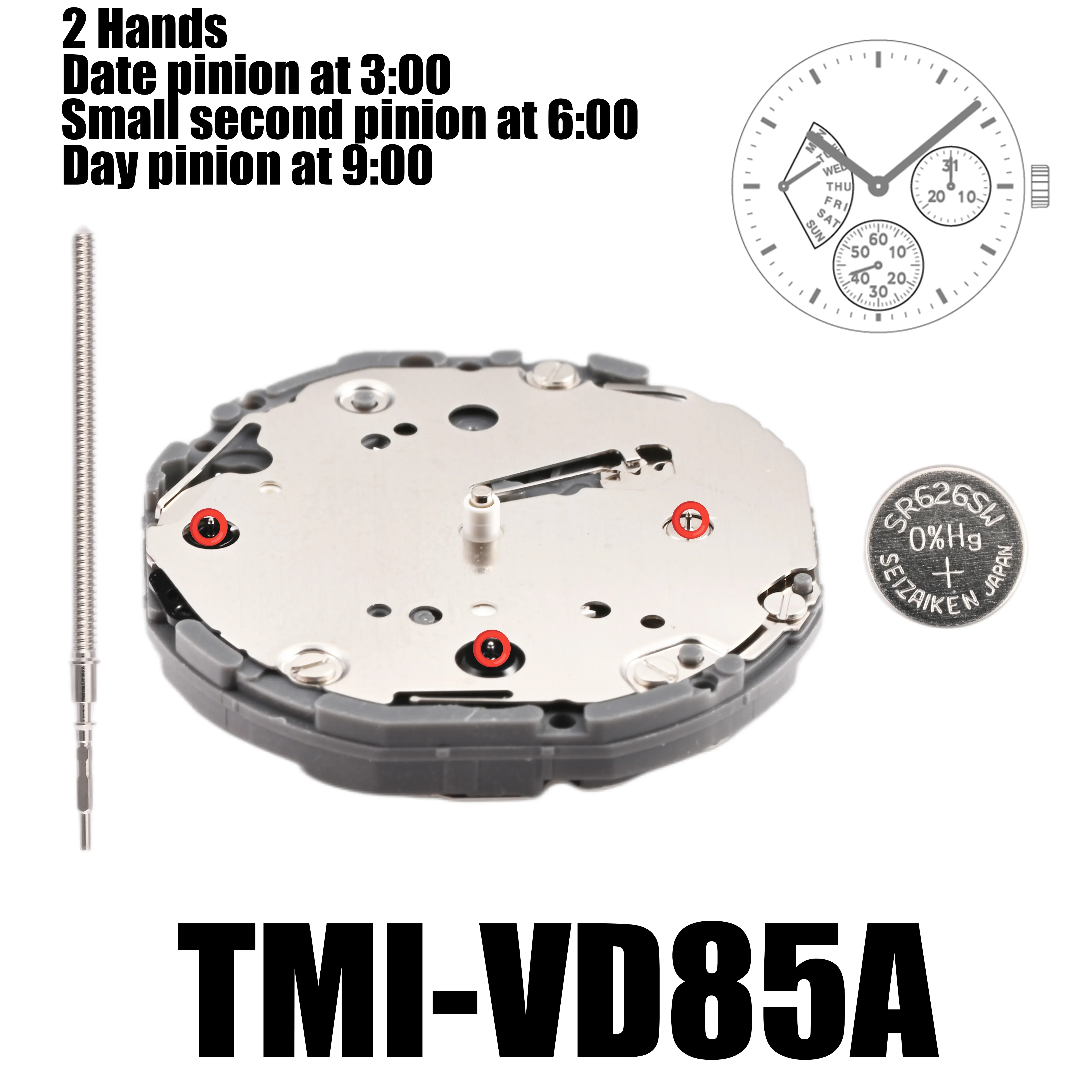 VD85 Movement Tmi VD85 Movement 2 Hands Multi-eye Movement Multi-eye (day, date, 24 hr, small sec) Size: 10 ½‴  Height: 3.45mm