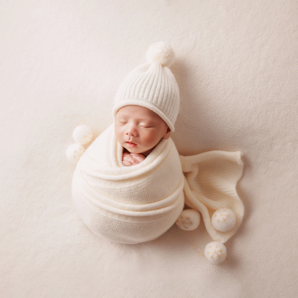 White Christmas Theme Newborn Photography Props Knitted Wool Wrap Hat Felt Christmas Props Posing Accessories Studio Photo Props