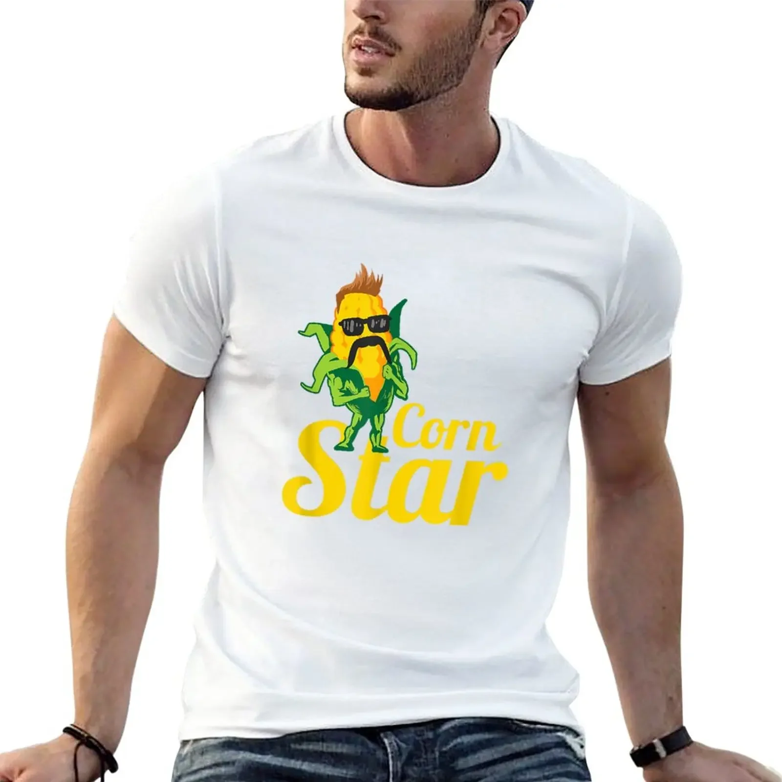 New Funny Corn Star Sunglasses Mustache Maize T-Shirt custom shirt graphic t shirts vintage anime shirt mens designer clothes