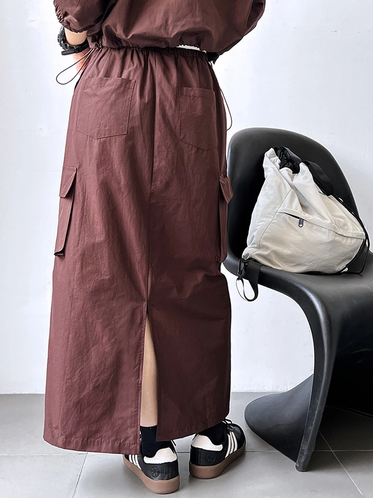 [EAM] Jacket Drawstring Big Size Half-body Skirt Two Pieces Suit New Stand Collar Women Fashion Spring Autumn 2024 1DH0976