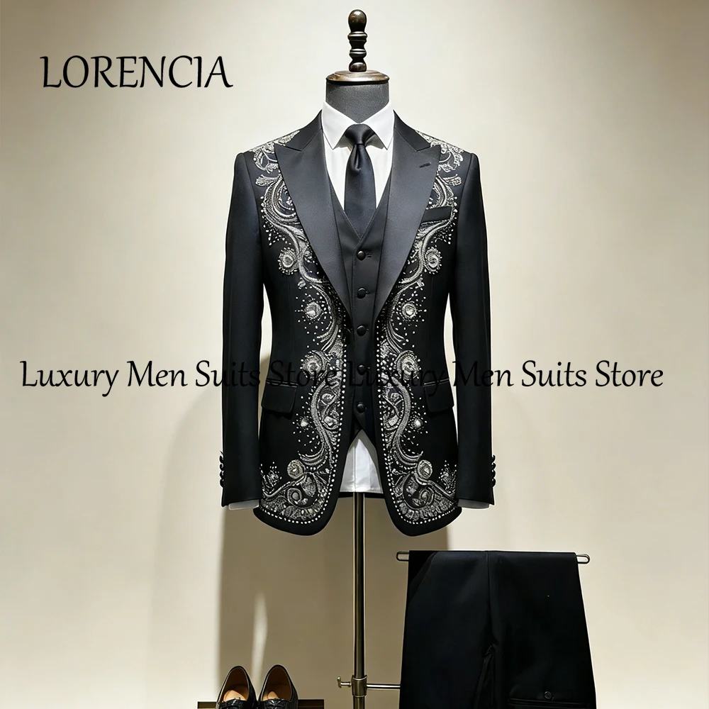 

Luxury Diamond Suits for Men 3 Pieces Glitter Crystal Tuxedos Set Wedding Groom Outfits Customized Blazer Pants costumes homme