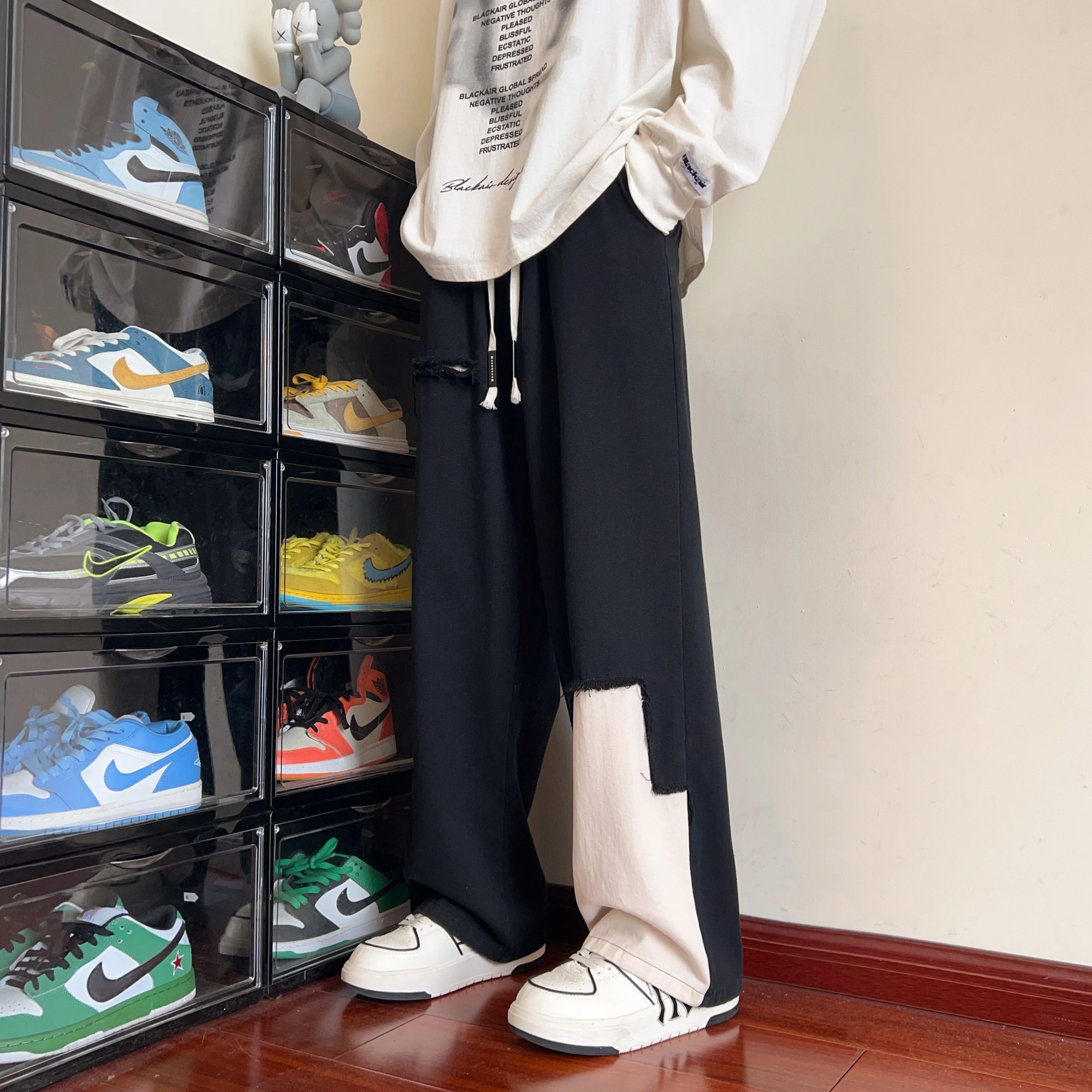 

Модные повседневные брюки для мужчин с рваными элементами, свободного кроя, широкие штанины, в стиле пэчворк, весна-осень, модный бренд Haome, большие размеры, рабочая одежда