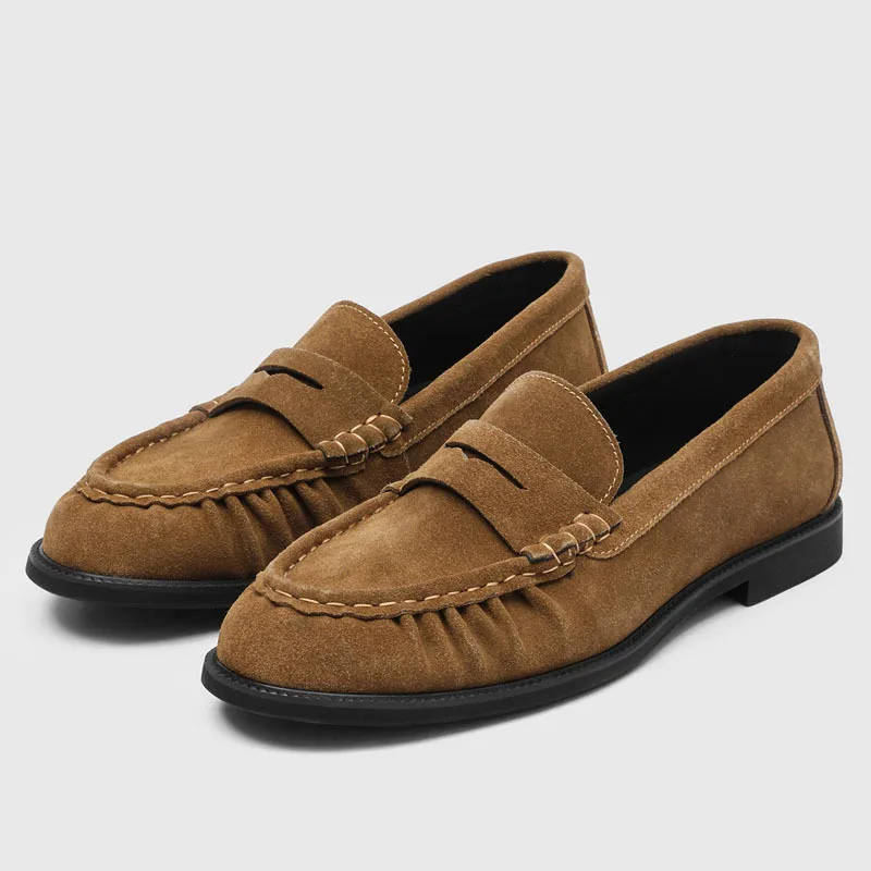 2026 Men's Black Genuine Leather Loafers with Pleated Toe Design, Comfortable Slip-On Dress Shoes for Business Casual Wear