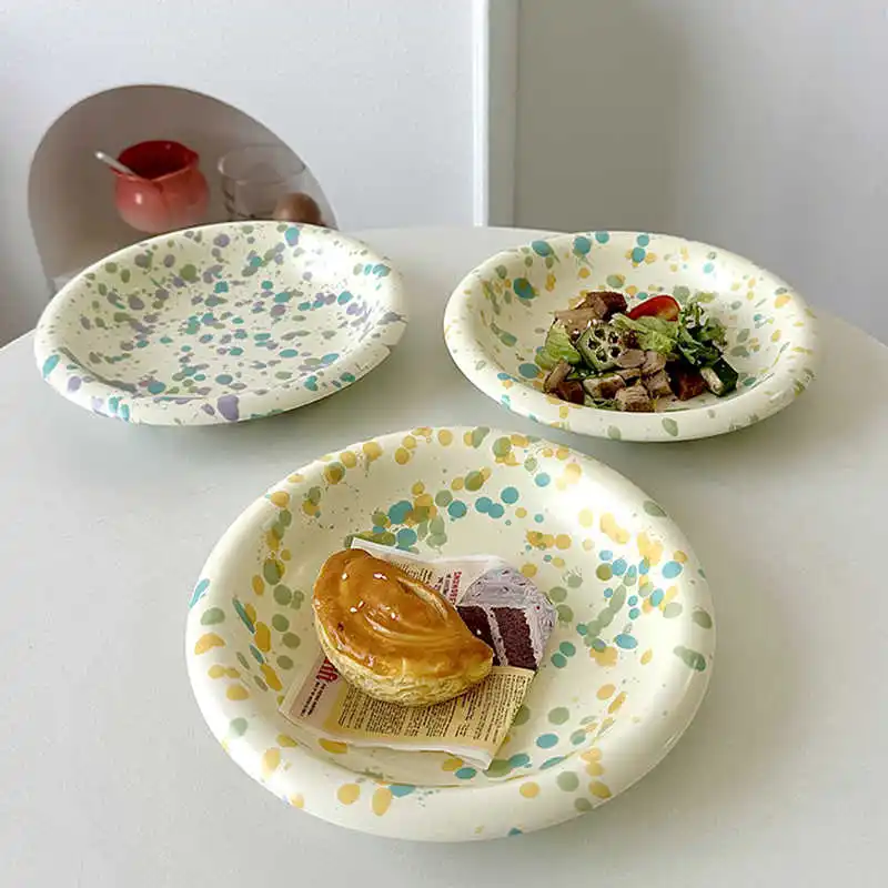 Colourful Ink Splash Ceramic Plate Household Salad Fruit Tray Western Food Plates Breakfast Dessert Bread Dish 21.5cm