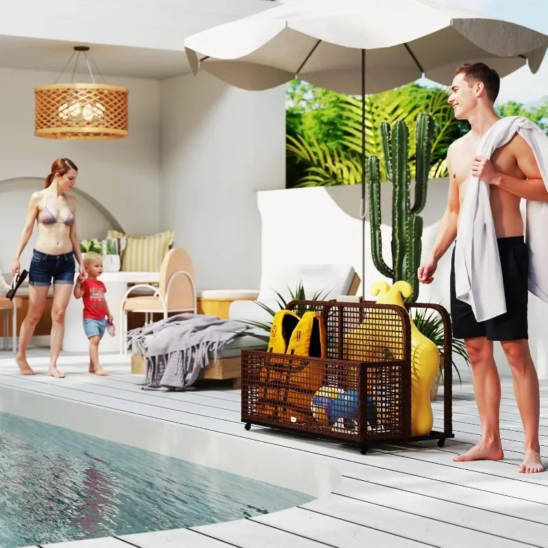 Outsunny Patio de mimbre para piscina, almacenamiento flotante con ruedas, carrito rodante para piscina de ratán PE para exteriores, incluye compartimento y cesta