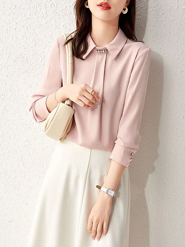 

SENTUBILA Woman Pink Chiffon Blouse 2025 Autumn Elegant Embroidered Flares Metal Turn-Down Collar Tops Female Blouses 111V34028