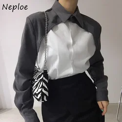 Neploe Temperament Personality Long Sleeved Shirt Woman Contrast Color Patchwork Blouse Female Versatile Single-breasted Shirts