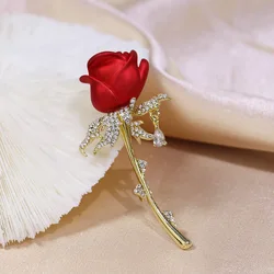 Fashion Red Enamel Rose Brooches For Women Men Classic Elegant Rhinestone Tulip Flower Brooch Lapel Pins Party Jewelry Lady Gift