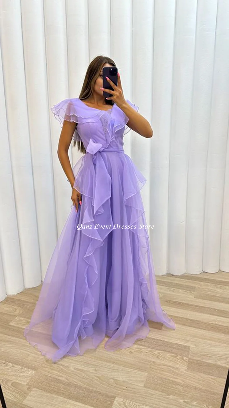 Qanz A-line Lavender Evening Dresses Tiered Tulle With Belt Long Vestidos De Noche Party Dresses Gala Robes De Soirée Customized