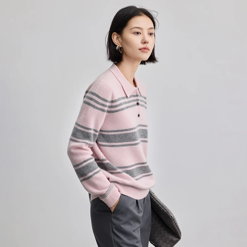秋冬レディース100％カシミヤセーターポロカラーレトロストライプパーカーソフト快適暖かい高級カシミヤニット服