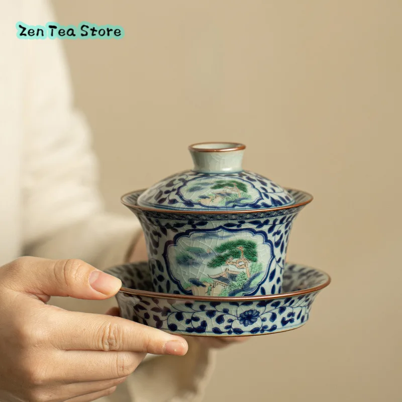 Old Clay Blue And White Window Window Horseshoe Three Cover Bowl Retro High-grade Anti-ironing Household Ceramic Tea Bowl