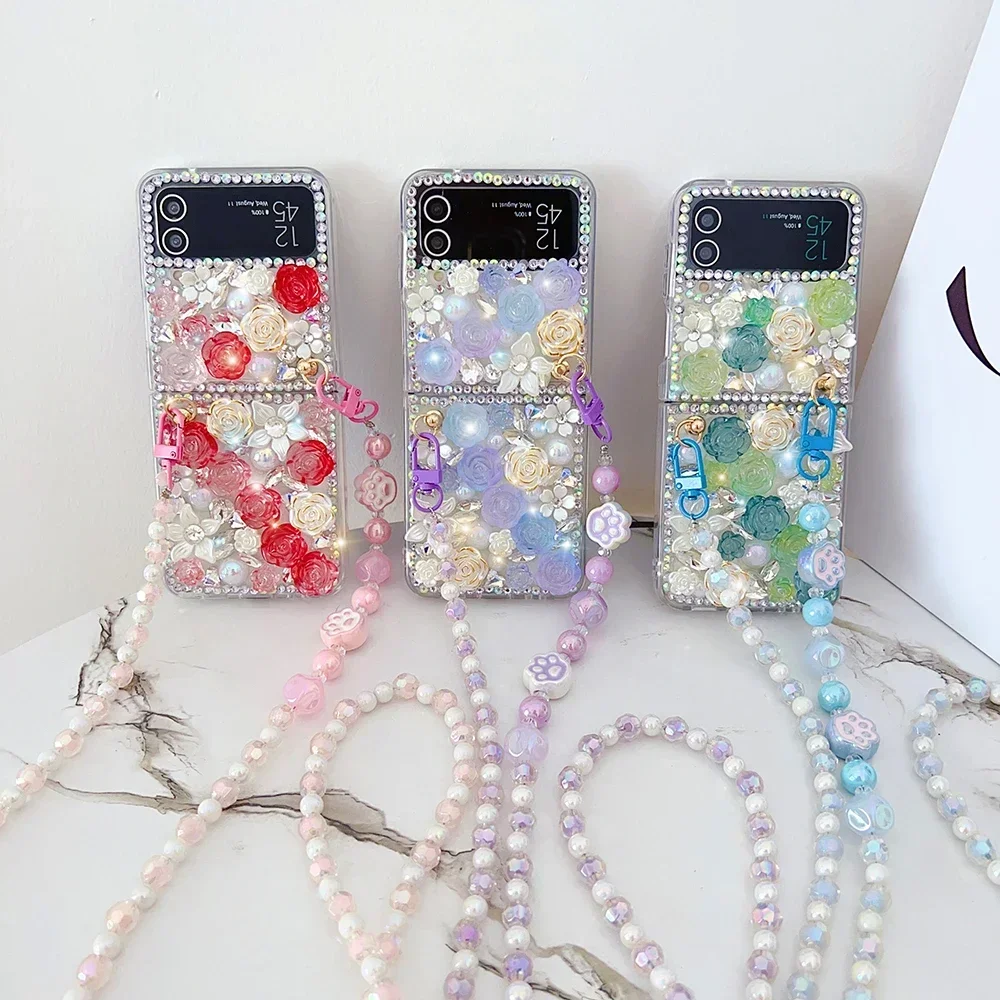

Luxury Colorful Crystal Rose Flowers Phone Cover for Samsung Galaxy Z Flip6 5 4, Crossbody Laser Bead Chain, Diamond Floral Case