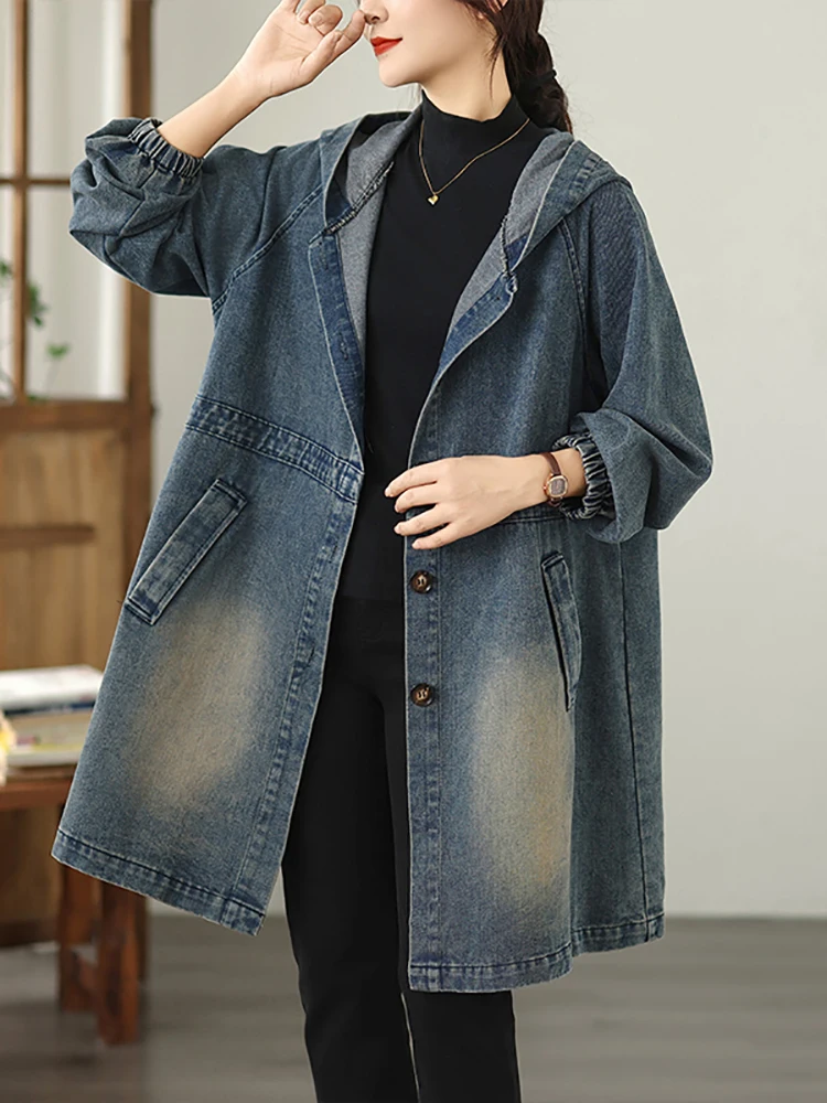 2025 Autunno Nuovo Cappotto da Cowboy con Cappuccio Retro Allentato Monopetto Giacca a Vento di Media Lunghezza Blu Giacca di Jeans con Tasca Casual