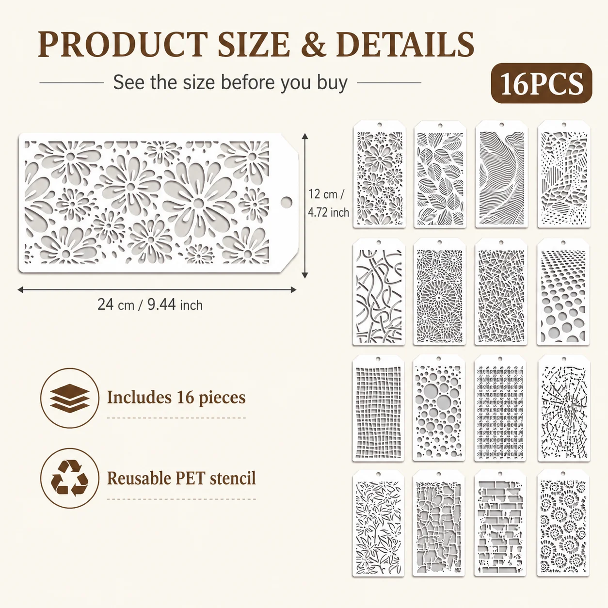 16Pcs Tag Texture Stencils Reusable Craft Templates