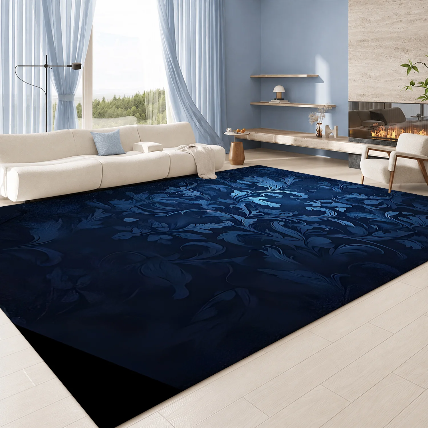 Large Indoor Area Rug, Soft Velvet Low Pile with Non-slip Dotted Backing, Machine Washable Dark Blue Ornate Floral Scroll Pattern for Living Room Bedroom Home Decor