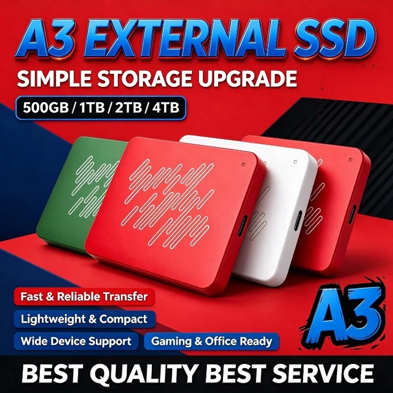 Portable A3 Series USB3.0 SSD External Hard Drive, 4TB 500GB Black Solid State Disk 2TB 1TB for Gaming Console & Office Gift Mac