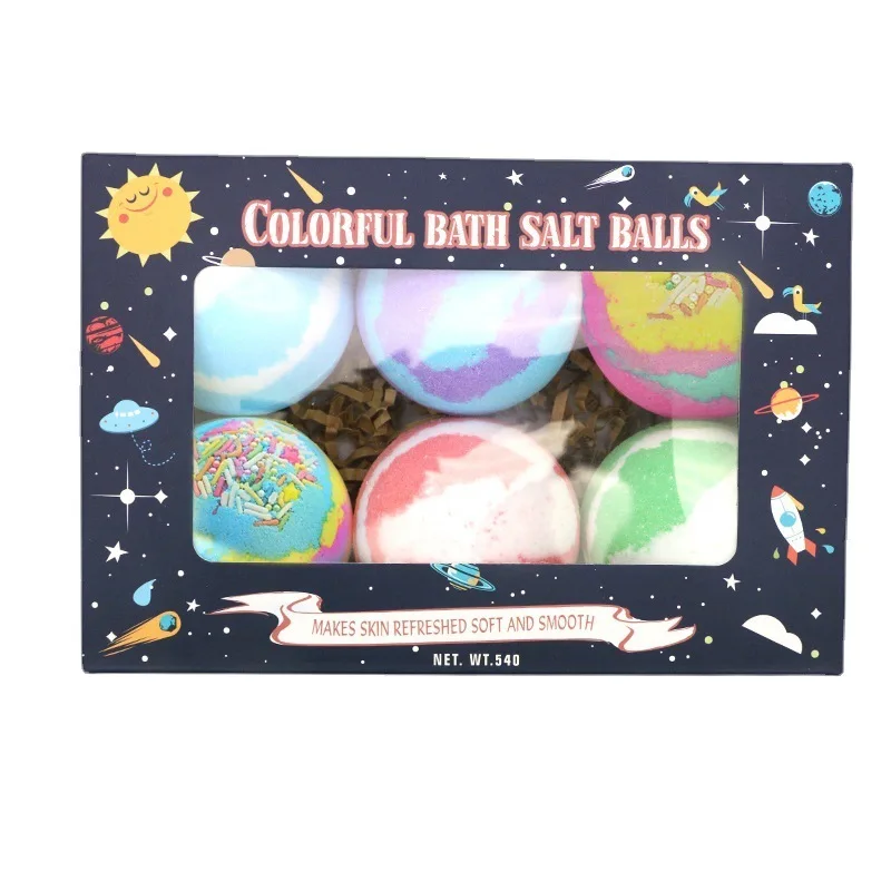 6-piece set, black starry sky bath salt balls, sea salt cleaning bubble bath balls