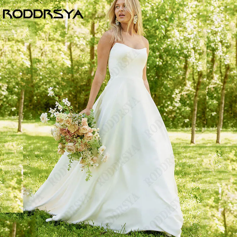 

RODDRSYA Strapless A-Line Satin Vestido Noiva Simple Sleeveless Buttons Bride Gown Open Back Wedding Dress For Women Custom Made