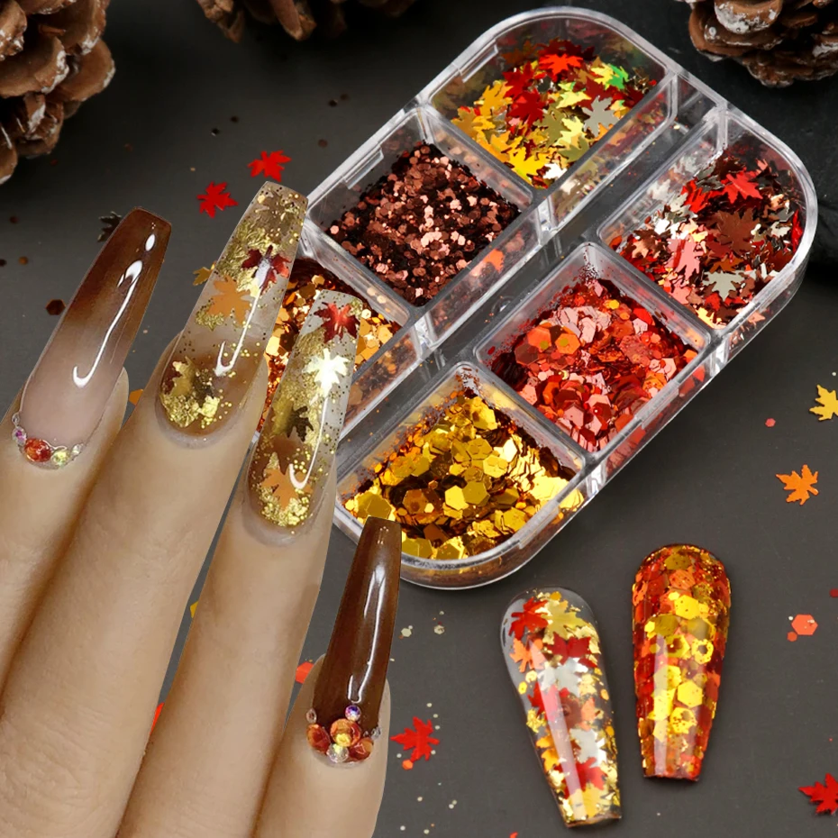 6 Girds Autumn Maple Leaves Nail Art Sequins Holographic Vintage Champagne Color Hexagon Nail Flakes Deep Fall DIY Nail Decor