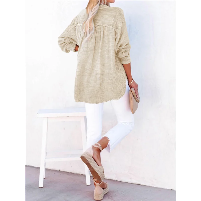 

CGS-Womens Casual Button V Neck Long Sleeve Shirts Oversized Solid Blouses Tops