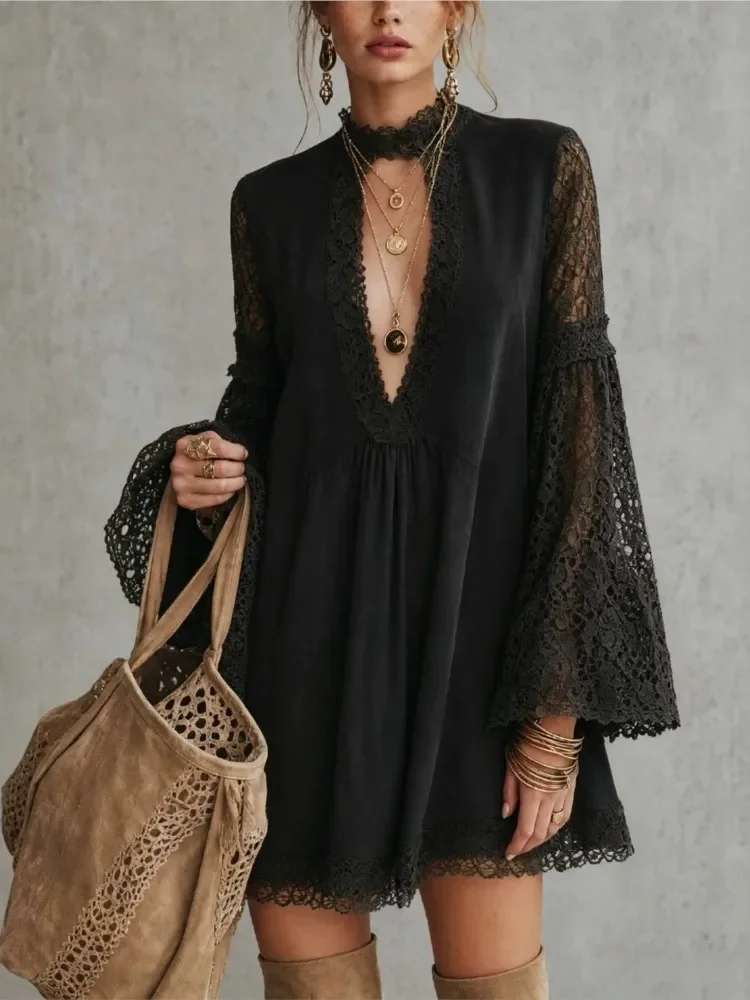 2027 new Women European Vintage Bohemian Mini Dress Army Green Lace Splicing V Neck Flare Sleeve Loose Babydoll Dress