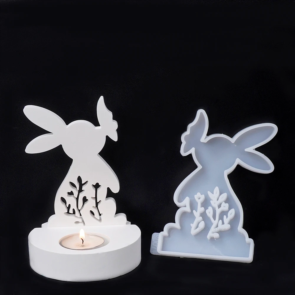 DIY Rabbit Kiss Butterfly Candle Holder Mold Easter Bunny Silicone Molds Plaster Concrete Resin Candlestick Making Home Decor