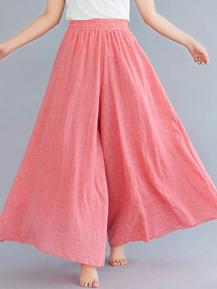 Casual Cotton Linen Wide Leg Pants Women's Loose Elastic Waist A-Line Skirt Style Summer Trendy Pure Color Asymmetrical