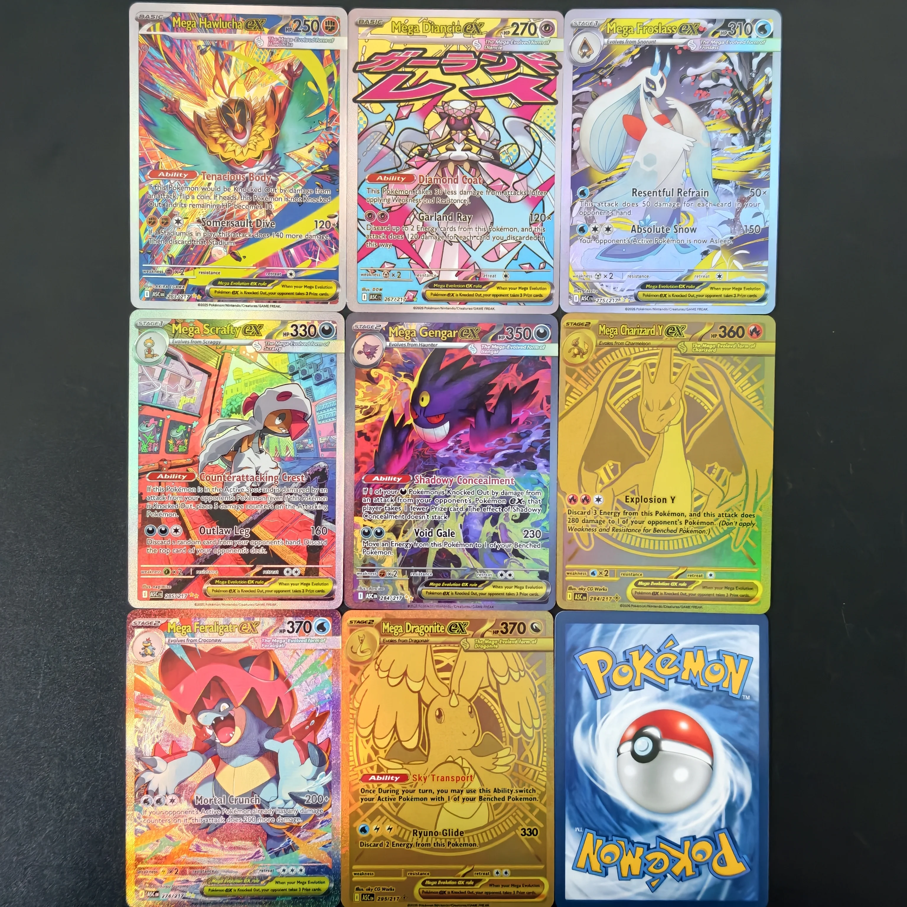 Englische/TCG Proxy-Karten PKM MEGA Charizard Dragonite Hawlucha Diancie Scrafty Gengar EX Selbstgemachte Klassische Spiel-Anime-Karten
