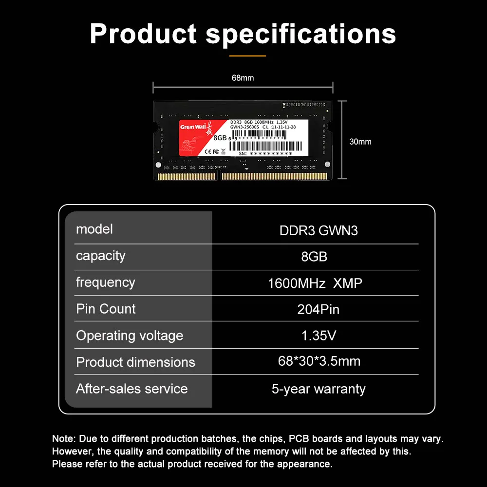 Pamięć RAM Great Wall DDR3 do laptopa, DDR3 4GB 8GB 1600MHz SODIMM, pamięć RAM do notebooka, 5 lat gwarancji