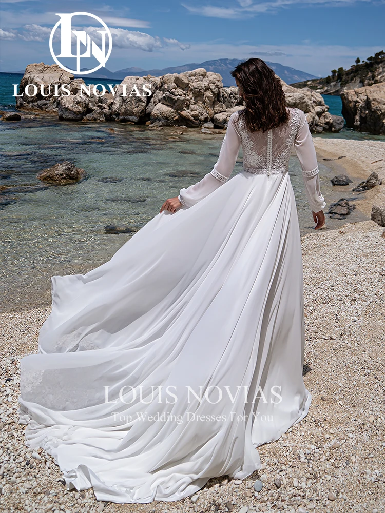 LOUIS NOVIAS A-Line Wedding Dress Long Sleeves Muslim Bride Dresses Embroidery Illusion Tulle Wedding Gown Vestidos De Novia