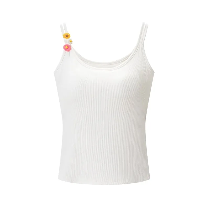 Fashion Solid Color Thin Strap Floral Chest Pad Women White Ribbed Top With Sleeveless Slim Fit Casual Summer Top Charming 3N4J