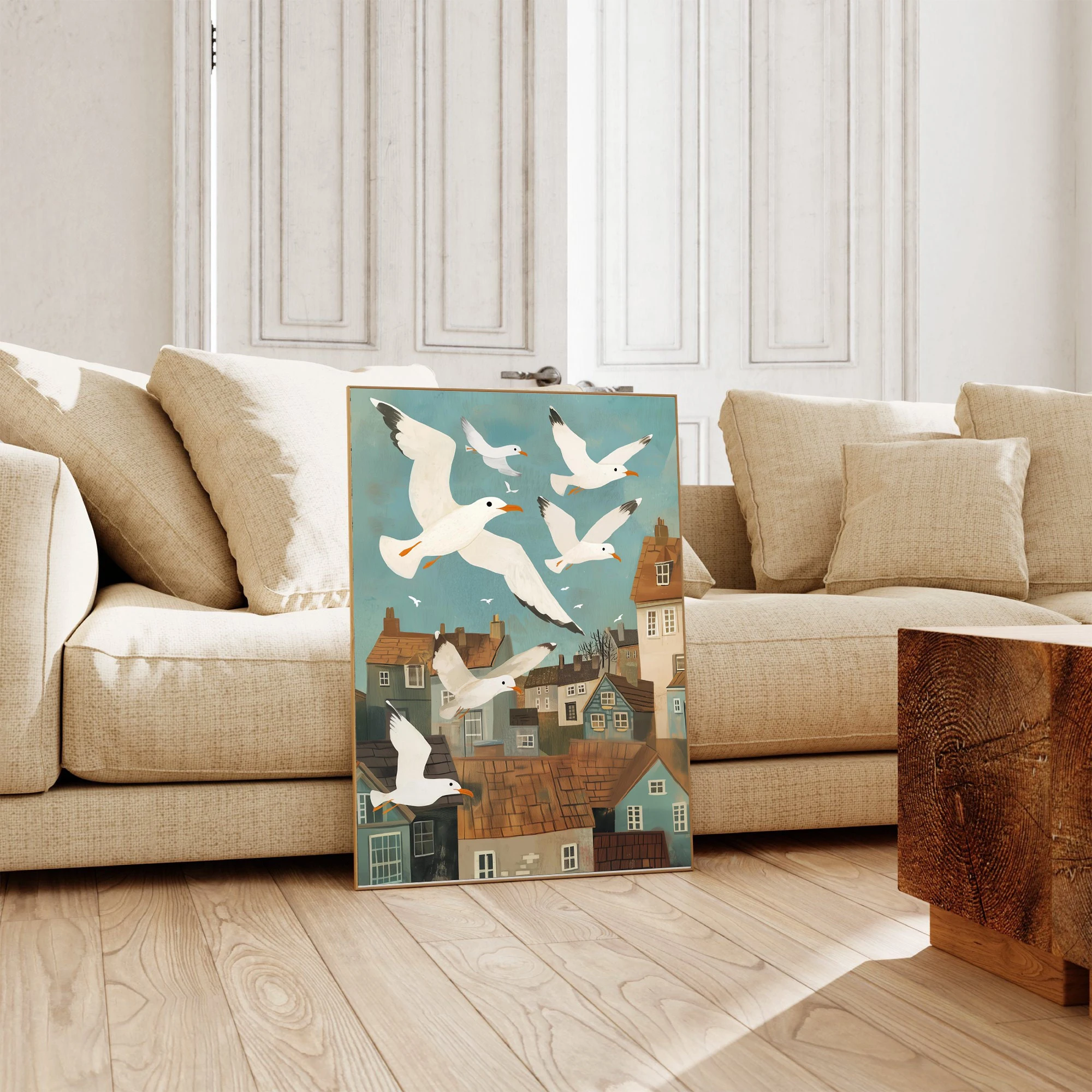 1pc frameless Canvas Painting Summer Ocean Seagulls Cats and Dogs Poster Print Canvas Art Pictures Home for Living Room Bedroom