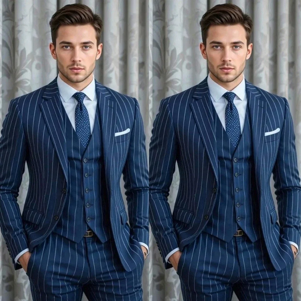 Navy Blue Pinstripe Suit Set Men 3 Piece Notch Lapel Slim Fit Blazer Vest Pants Formal Outfit For Wedding Gentleman Customized