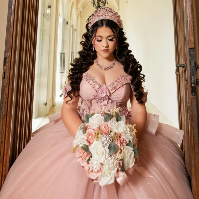 Pink Shiny Princess Spaghetti Strap Sweet 16 Dress Quinceanera Dresses Sequin Applique Flower Beads Tull Party Birthday Vestidos