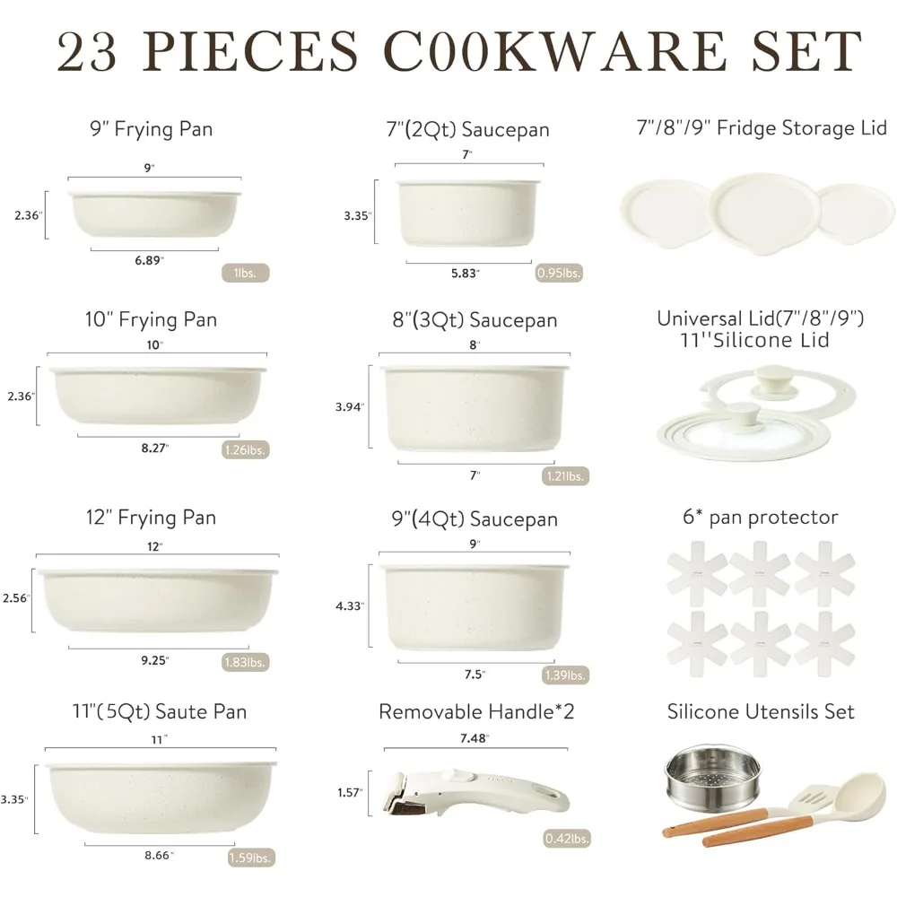 23pcs Detachable Handle Pots and Pan Set, Nonstick Induction Cookware, Removable Handle, RV Oven Safe Cookware