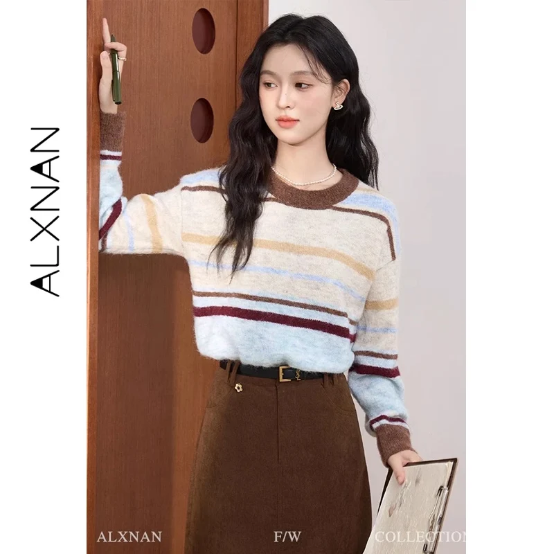 ALXNAN سترات نسائية مخططة برقبة دائرية بلوفرات محبوكة فضفاضة لخريف 2025 ملابس تريكو حلوة غير رسمية متعددة الاستخدامات L51527
