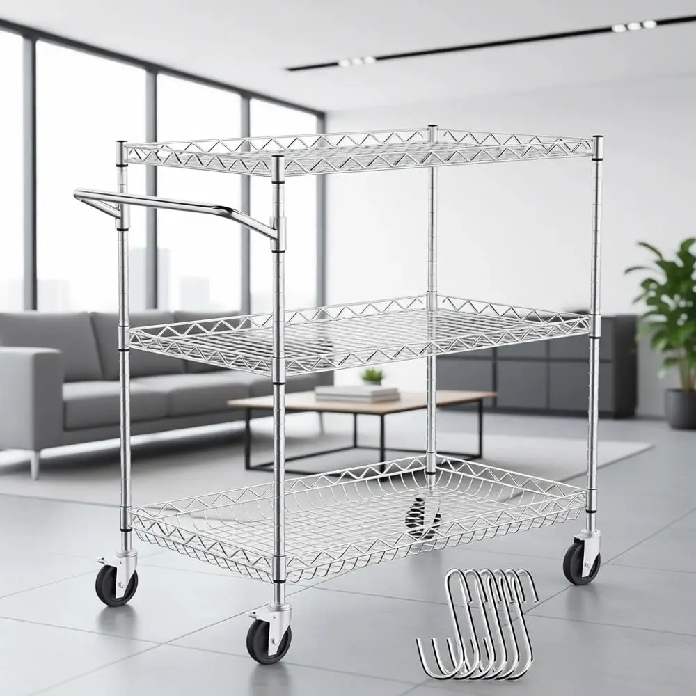 3-Tier Rolling Kitchen Utility Cart with 661 lbs Capacity, Steel Storage Trolley, Curved Handle, 6 Hooks