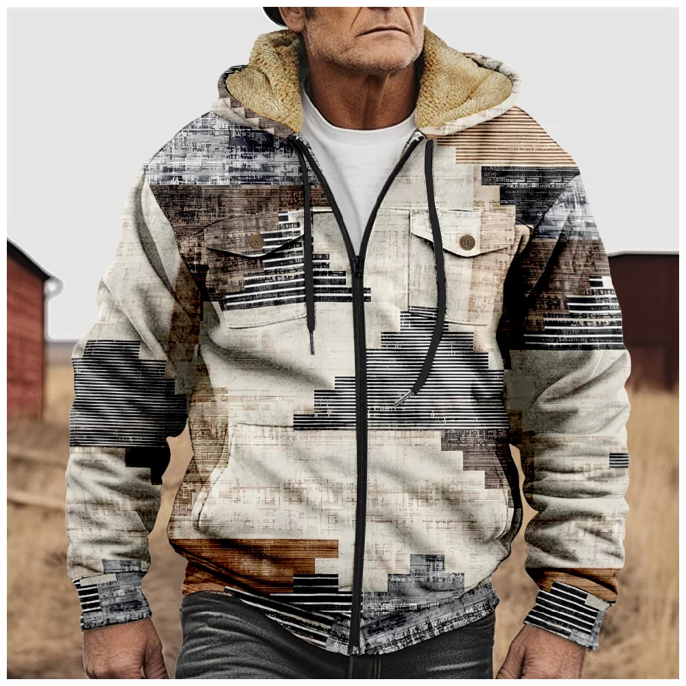 Men's Fleece Long Sleeve Zipper Hoodies Vintage Prints Retro Pattern Parkas Coat Jacket Winter For Men/Women Outerwear