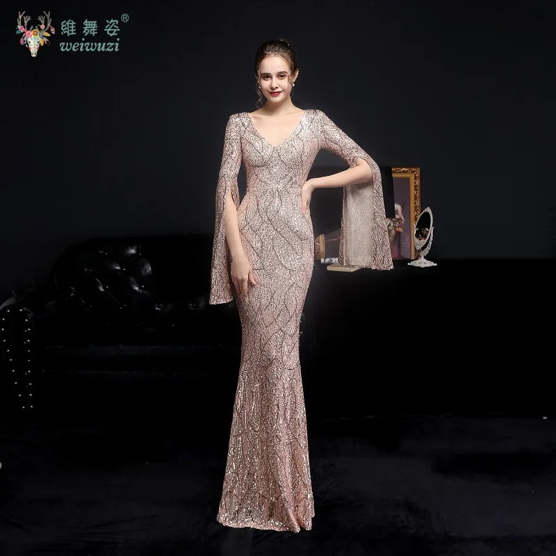 

Elegant and sexy V-neck long sleeved sequined bead embroidery slim fit ball gown host singer performance costume